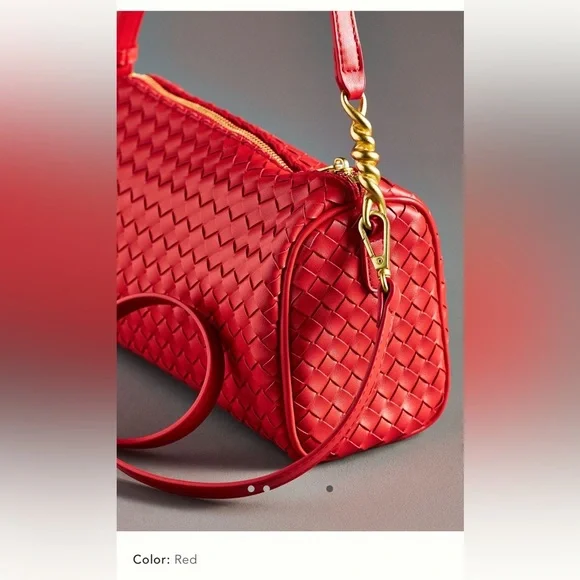 NWT new Anthropologie woven shoulder bag red faux leather zipper purse - Picture 10 of 14
